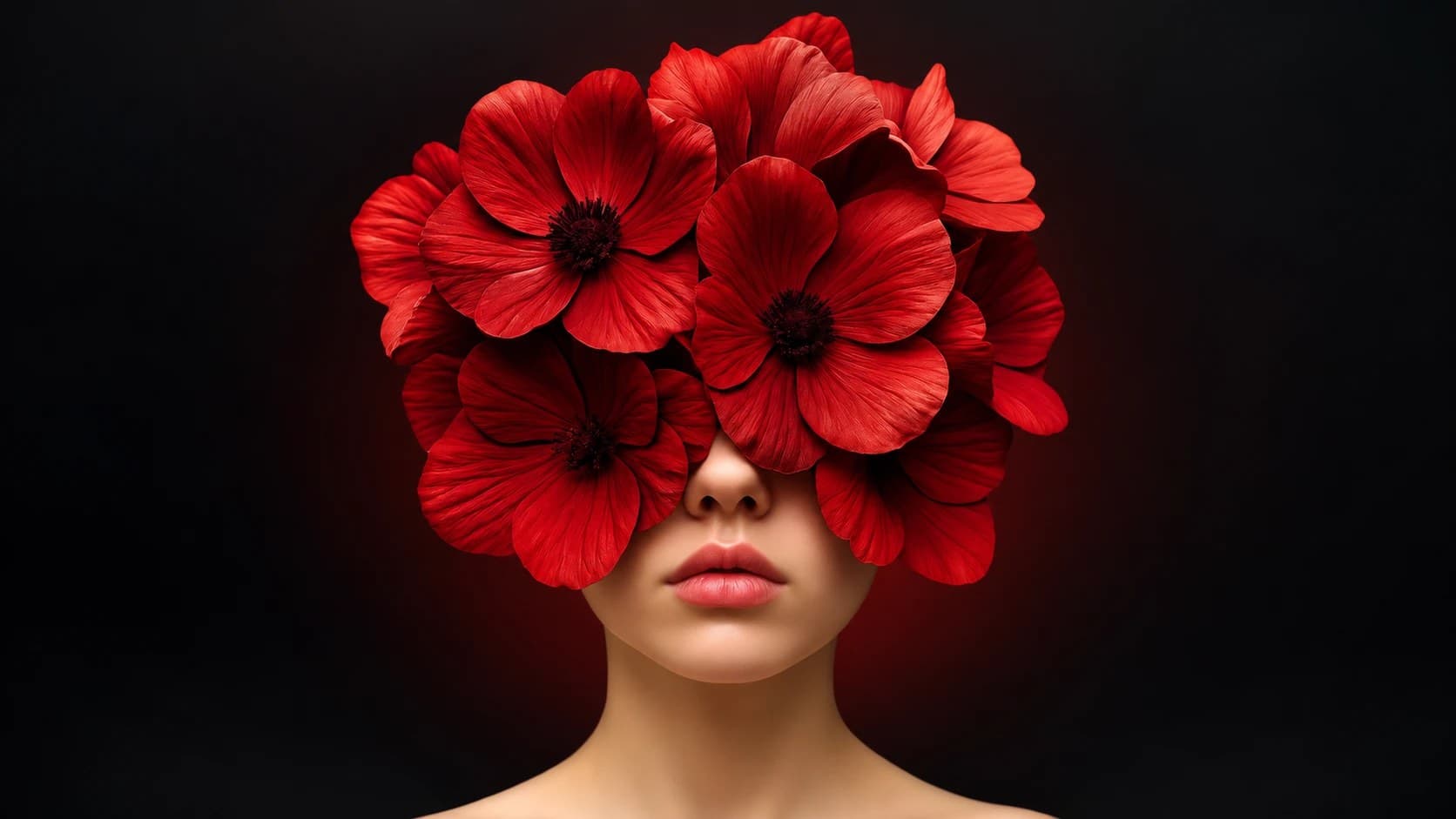 A face veiled by red poppies against a black background